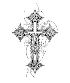 an ornate cross is shown in black and white