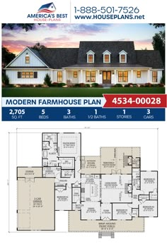 the modern farmhouse house plan is shown