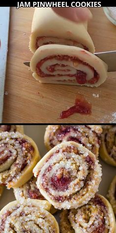 some food is being cut up and placed on a cutting board with the words jam pinwheel cookies