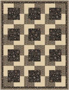 a black and white quilt with an intricate design on the front, in shades of beige