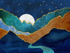 a painting of mountains with a river running through them and the moon in the sky