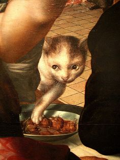 a painting of a cat eating food from a bowl