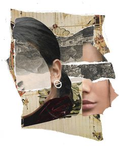 collage of two women's faces with torn paper over them, and one woman's ear