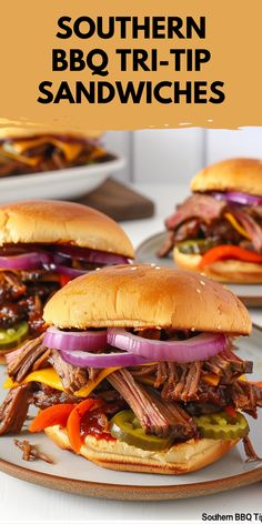 two barbecue sandwiches on a plate with the title southern bbq tri - tip sandwiches