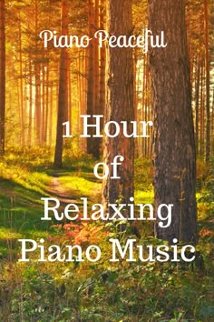 an image of a forest with the words hour of relaxing piano music written on it