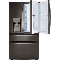 a black refrigerator with its door open and water dispenser