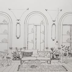 a drawing of a living room with couches, chairs and potted plants in it