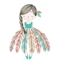 a drawing of a girl wearing a dress with feathers on it