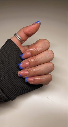 Blue french tip Simple Righnstone Nails, French Nails Royal Blue, Cute Royal Blue Nail Ideas, French Nails With Blue Heart, Royal Blue Nails Short French, Pink Nails With Blue Tips, Simple Blue French Tip Nails, Royal Blue Heart Nails, Blue Heart French Tip Nails