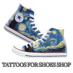 Custom Converse High Top Shoes Van Gogh Starry Night.  Each pair of shoes is made to order, please make sure you put in the correct shoe size before you check out. The ink is permanent and will never come off, fade away, or peel off. Made in the USA. This price includes everything: shoes, artwork, and shipping. Because the artwork is custom made for you, there are no refunds. exchanges or returns. If you have any issues with your order, please feel free to reach out to us and we will be more than glad to help you! Please note that colors of actual item may slightly differ from what you see on your screen due to differences in computer monitor settings. There will be a slight fading at the heal and at the toe due to the curvature of the shoe, as shown in the images. Starry Night Converse, Starry Night Shoes, Custom Converse High Tops, Shoes Artwork, Converse High Top, Custom Converse, Shoes Drawing, Starry Night Van Gogh, Converse High