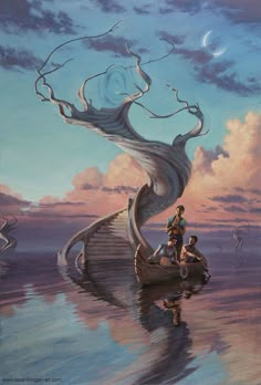 a painting of two people on a boat in the water with a spiral tree growing out of it