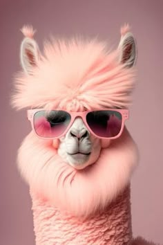 an alpaca with sunglasses on it's head and pink fur around its neck