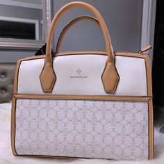 Nanette Lepore Handbag For Women - White And Brown Colors - Leather -Size: Length- 12” Width- 9” - Medium Size Leather Handbag - Brand New With Tag Original Price $98 Chic White Satchel With Top Carry Handle, Chic White Satchel With Handles, Elegant White Handheld Satchel, White Top Handle Box Bag With Detachable Strap, Elegant White Satchel For Everyday Use, Luxury White Handheld Satchel, White Satchel With Removable Pouch, White Rectangular Satchel With Removable Pouch, White Satchel Bag With Removable Pouch