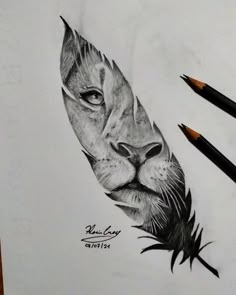 a pencil drawing of a lion's head with feathers on its face and eyes