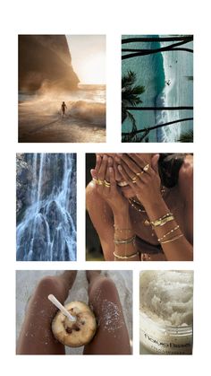 a collage of photos with people holding their hands in front of them and the ocean behind them