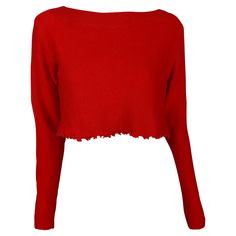 This fabulous bright red cropped cashmere sweater by Donna Karan features a chic bandeau neckline and playful ruffles at the cropped hem. Its versatile design allows this sweater to be worn off the shoulder. Approximate measurements: Size - removed Shoulder to hem: Bust: 36 - 44" Waist: 38 - 44" Shoulder to cuff: 21.5" Underarm to cuff: 18" Materials tag removed. Pullover Outfit, Cropped Pullover, Cropped Tops, Crop Top Sweater, Donna Karan, Cropped Sweater, Ruffle Hem, Cashmere Sweaters, Sweater Outfits