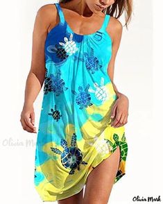 OliviaMark - Robe de plage à bretelles spaghetti imprimée en 3D numérique de haute qualité avec col en U et motif vibrant Turtle Cartoon, Bohemian Beach Dress, Sea Turtle Print, Womens Camisoles, Suspender Dress, Polyester Dress, U Neck, Casual Chic Style, Fashion Colours