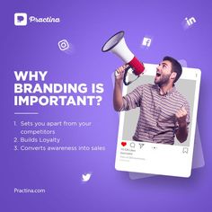 a man holding a megaphone with the caption why branding is important?