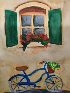 a painting of a blue bicycle parked in front of a window with green shutters