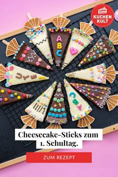 an advertisement for cheesecake - sticks zum i schilag