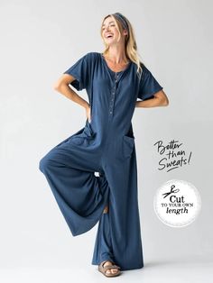 Jump into the Jenna Jumpsuit to relax your way through the day! This comfy, oversized jumpsuit has a loose and flowy silhouette, patch pockets, and flutter sleeves. The buttons down the front let a fun Boho Bandeau peek out from inside. Too long? No prob -- cut the wide flowy legs to fit YOU! Best of all, the fabric is Georgia Shirt, Oversized Jumpsuit, Boho Womens Clothing, Boho Bandeau, Effortless Outfit, Cotton Jumpsuit, Short Sleeve Jumpsuits, Knit Jumpsuit, Comfy Dresses