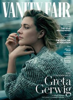 the cover of vanity fair magazine, featuring a woman in grey sweater with her hand on her chin