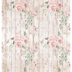 an old wallpaper with pink roses and butterflies on the wood paneled background in pastel tones