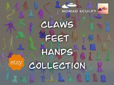 many different colored hands are shown with the words claws feet and hand collection on them