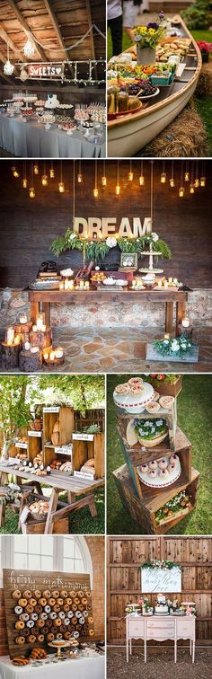 a collage of photos showing different types of food and drinks on display at an outdoor event