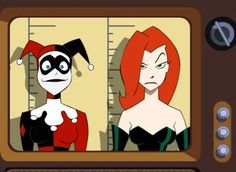 two cartoon characters with red hair and green eyes, one is wearing a black dress