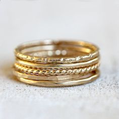 Gold stacking rings 14k set of 5 gold stacking by PraxisJewelry, $380.00 Twisted Wire Rings, Yellow Gold Stacking Rings, Gold Stacking Rings, Gold Wedding Bands, Rings Stacking, Rope Ring, Rope Rings, Wire Ring, Three Rings