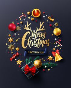 merry christmas and new year greeting card with gold lettering on black background, surrounded by festive decorations