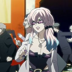 an anime character with long pink hair and purple eyes is standing in front of other characters