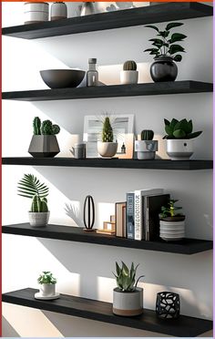 three black shelves with plants and books on them