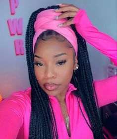 Box Braids With Baseball Cap, Doek Hairstyles With Braids, Turban With Braids, Doek Styles On Braids, Headwrap Styles With Braids, Pink Headwrap, Headwrap Hairstyles, Braids Styling, African Hair Wrap