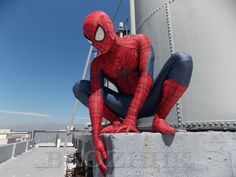 a spider man statue sitting on top of a building