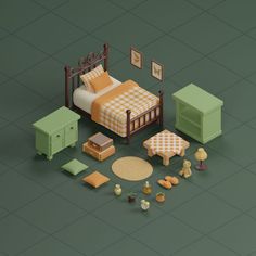 an image of a bedroom setting in low poly style with furniture and decor on the floor