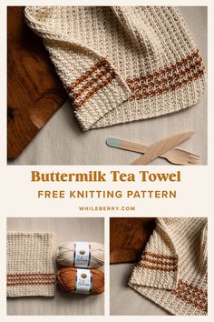 an image of a knitted tea towel with text that reads buttermilk tea towel free knitting pattern