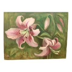 a painting of pink flowers on a green background