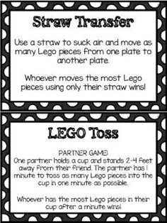 two black and white labels with the words lego toss on them, which are also part of