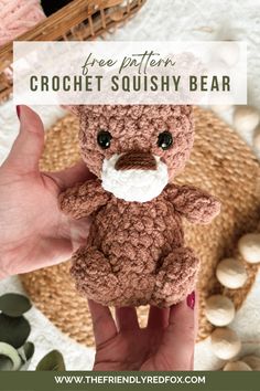 a crochet stuffed bear with the text free pattern on top and below it