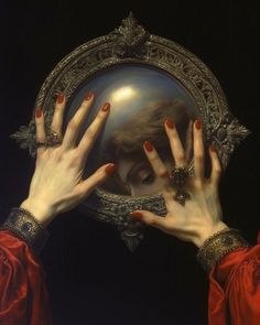 woman's hands with red manicures holding up an ornate mirror to her face