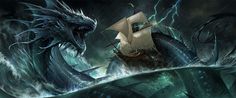 an image of a ship and a dragon in the water