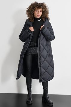 Attached hood Long sleeve Quilted Long silhouette Double zipper closure Side pockets 100% nylon Lining:100% nylon Fill:75% Repreve 25% polyester Origins: Imported Style: DLSMPV41 | DKNY Women's Silky Long Quilted Parka in Black Size XS Quilted Coats For Women, Long Puffer Jacket Outfit, Parka Jacket Outfit, Womens Winter Coat, Long Parka Jacket, Fur Goods, Puffer Jacket Outfit, Long Down Jacket, Long Down Coat