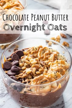 chocolate peanut butter overnight oats in a glass bowl on a marble counter with the title overlay