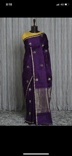 Purple Sari With Contrast Blouse, Dark Purple Saree Contrast Blouse, Purple Color Saree With Contrast Blouse, Brinjal Colour Saree, Brinjal Colour Saree Contrast Blouse, Contrast Blouse For Purple Silk Saree, Purple Benaras Saree, Dark Purple Saree Blouse Combination, Dark Purple Color Combinations Outfit