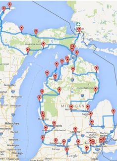 a map shows the locations of major cities and roads in minnesota, michigan, and michigan