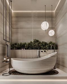 a large bathtub sitting in the middle of a bathroom next to a planter