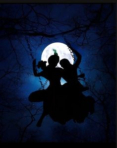 the silhouette of two people dancing in front of a full moon with trees and stars