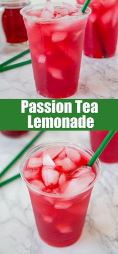 passion tea lemonade in glasses with straws and ice cubes on the side